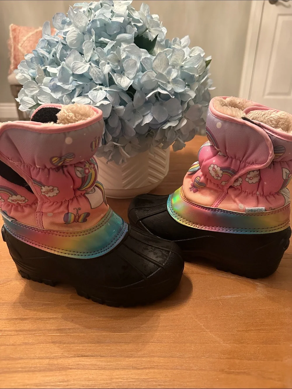 Kids Pink Rainbow Winter Boots with Faux Fur Lining